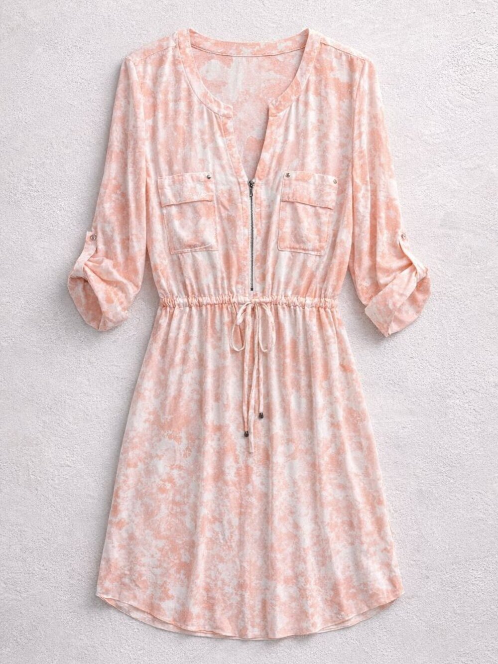 Torrid Peach Tie-Dye Shirt Dress Size 2 | Zip Front, Drawstring Waist, Casual
